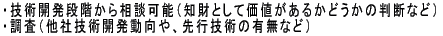 開発段階から相談　発明の価値判断　調査　他者技術動向　先行技術